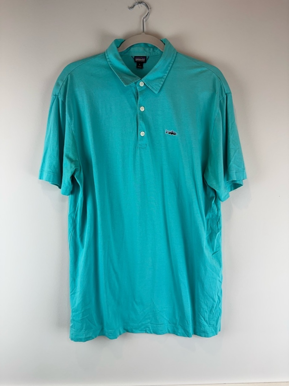 Patagonia Men’s Bright Blue Trout Fitz Roy Short Sleeve Polo Shirt Size Large